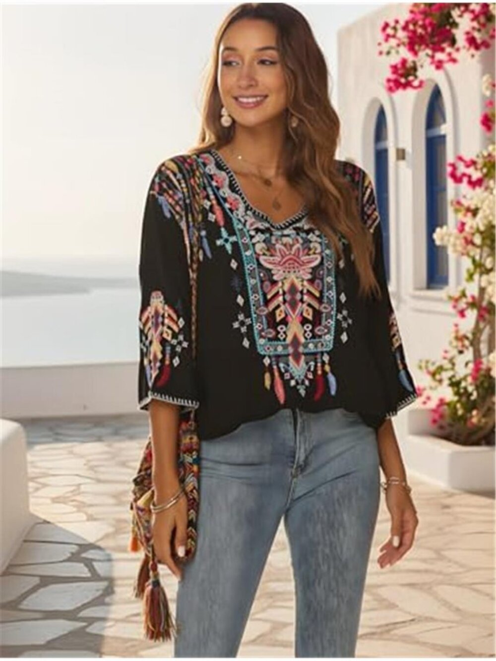 Women's Mexican Embroidered Shirt Bohemian 3/4 Sleeve Tunic Top - Picture 6 of 7
